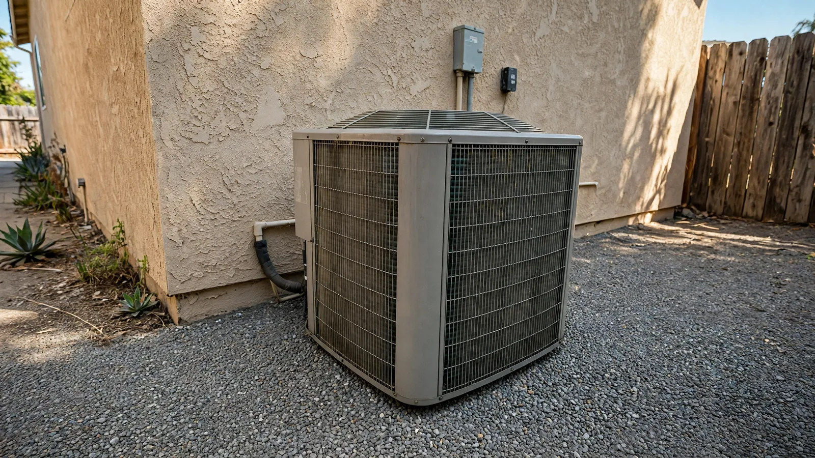 Same condenser with a clean coil and tidy gravel pad