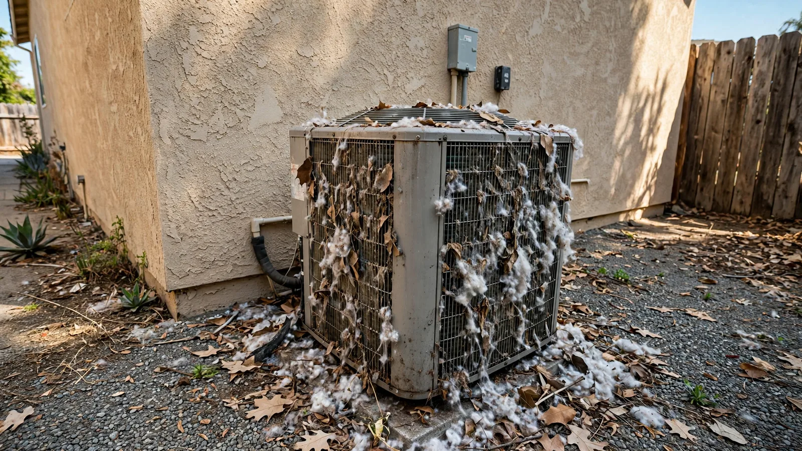 Outdoor AC condenser with coil fins clogged by leaves and debris
