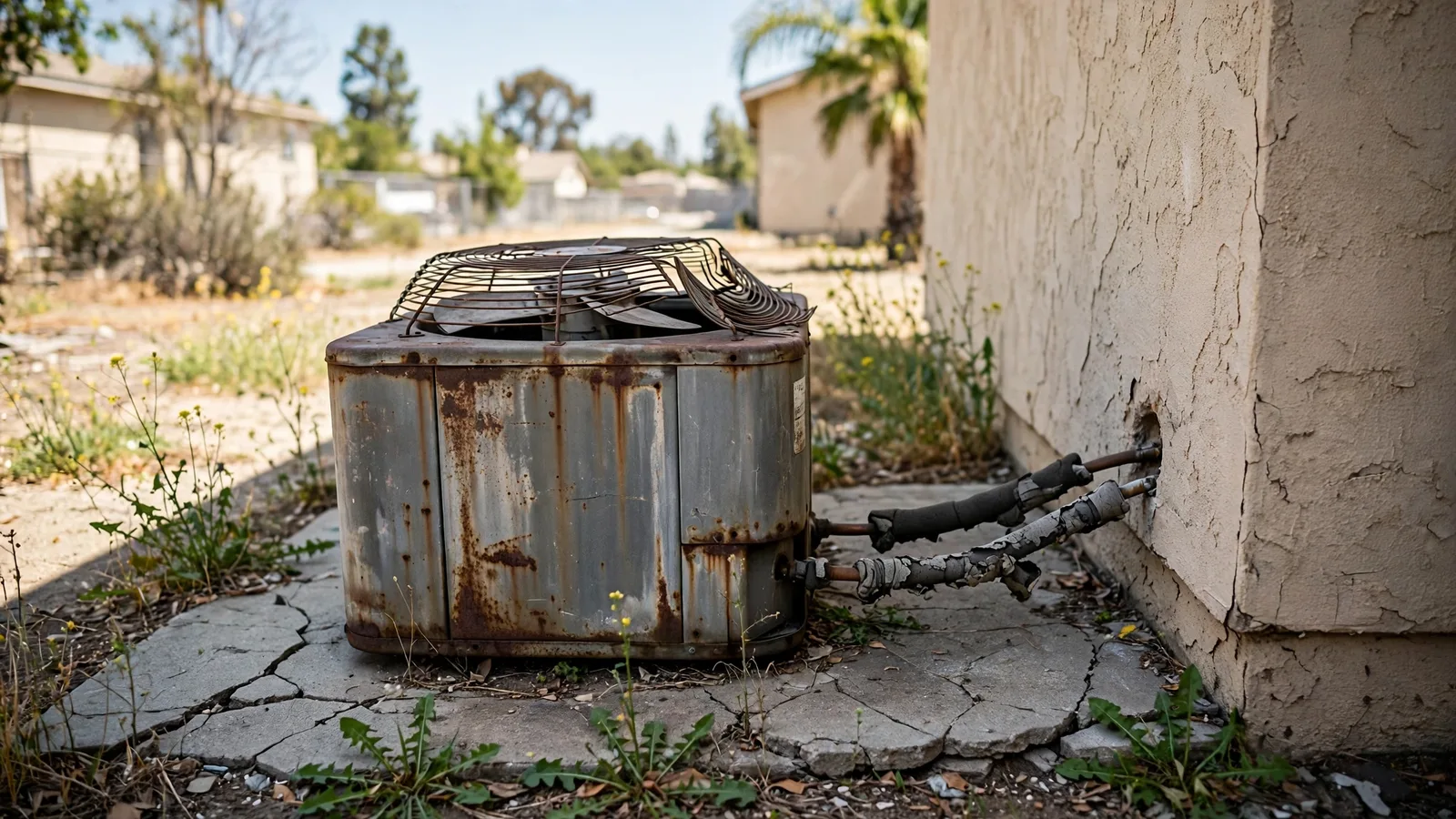 Old rusty AC condenser on a cracked concrete pad beside a stucco wall