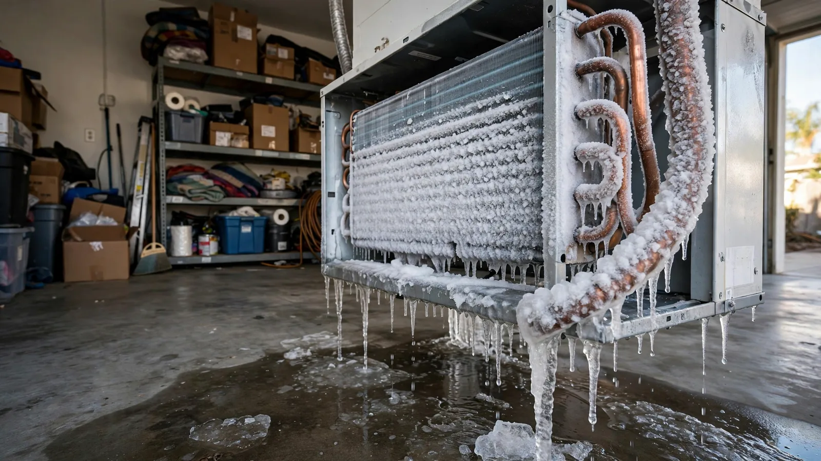 Indoor AC coil and refrigerant line covered in ice in a garage