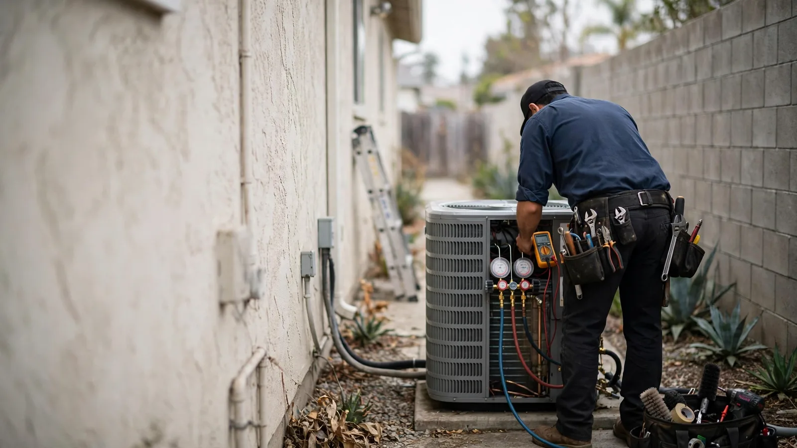 HVAC technician servicing a condenser in a narrow side yard