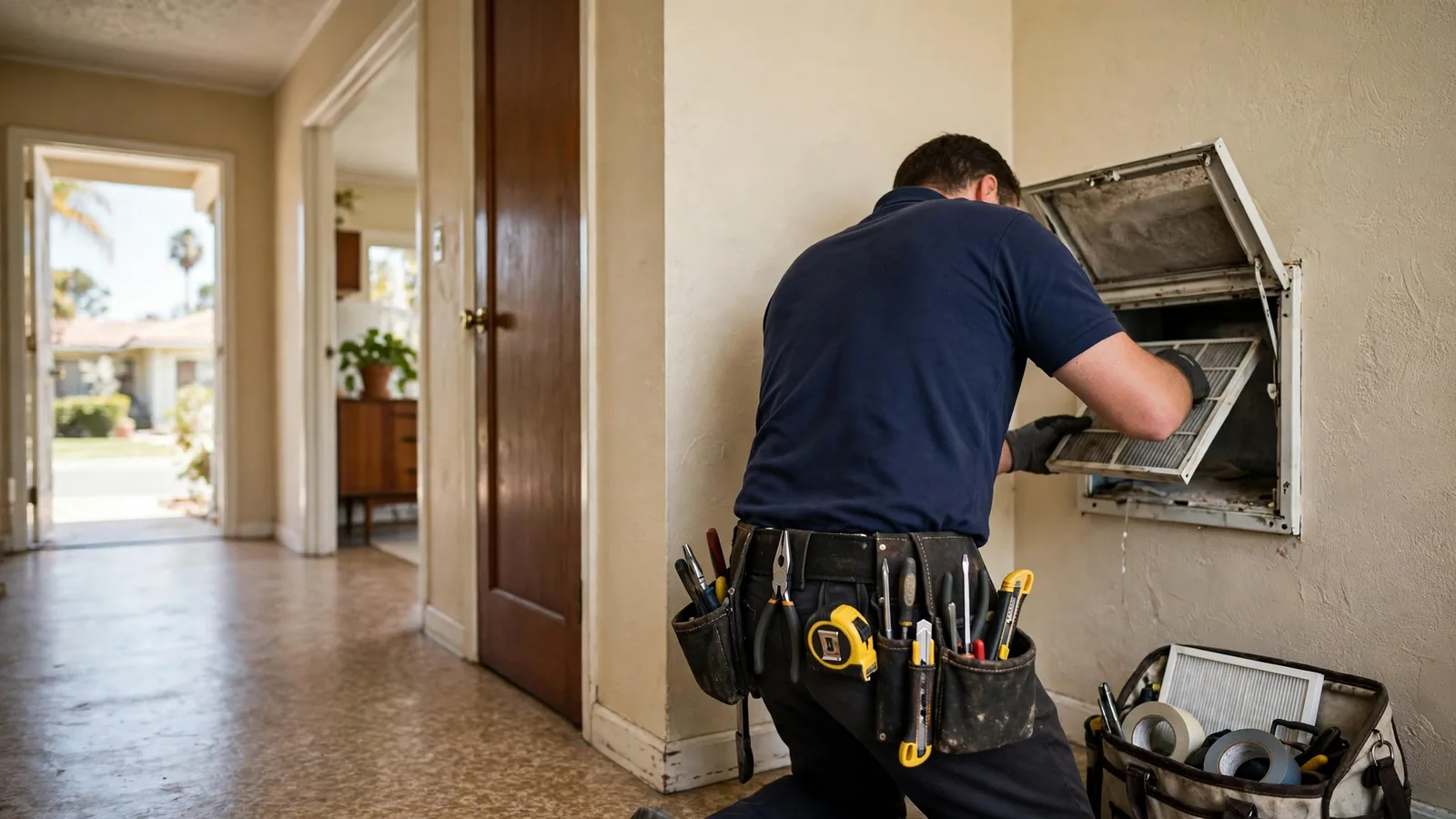 Technician replacing an air filter at a hallway return grille