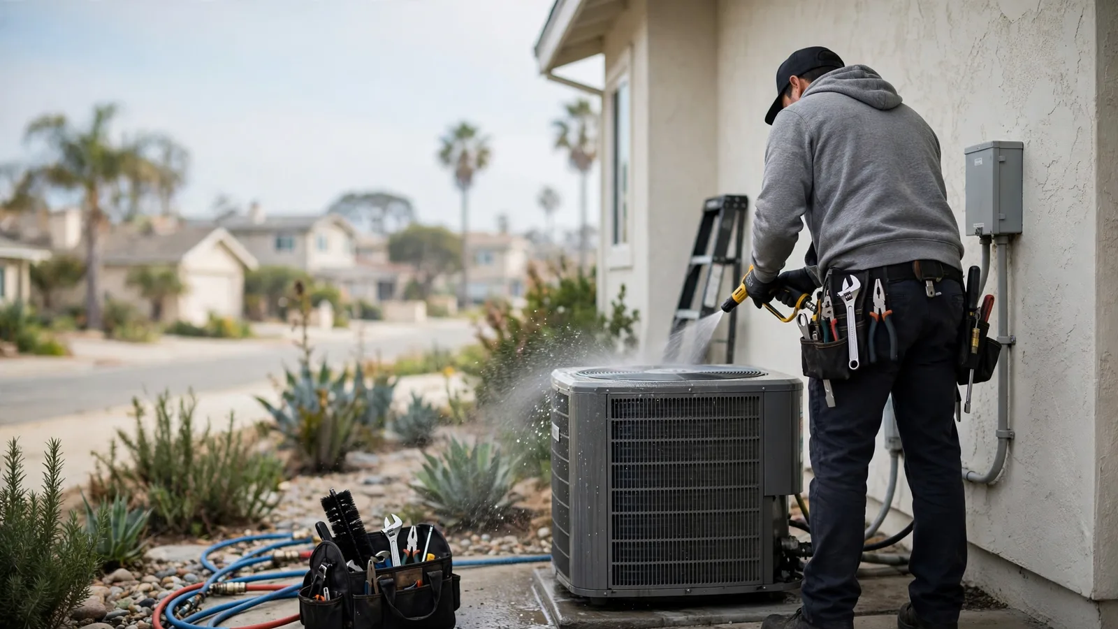 Technician rinsing a coastal AC condenser coil