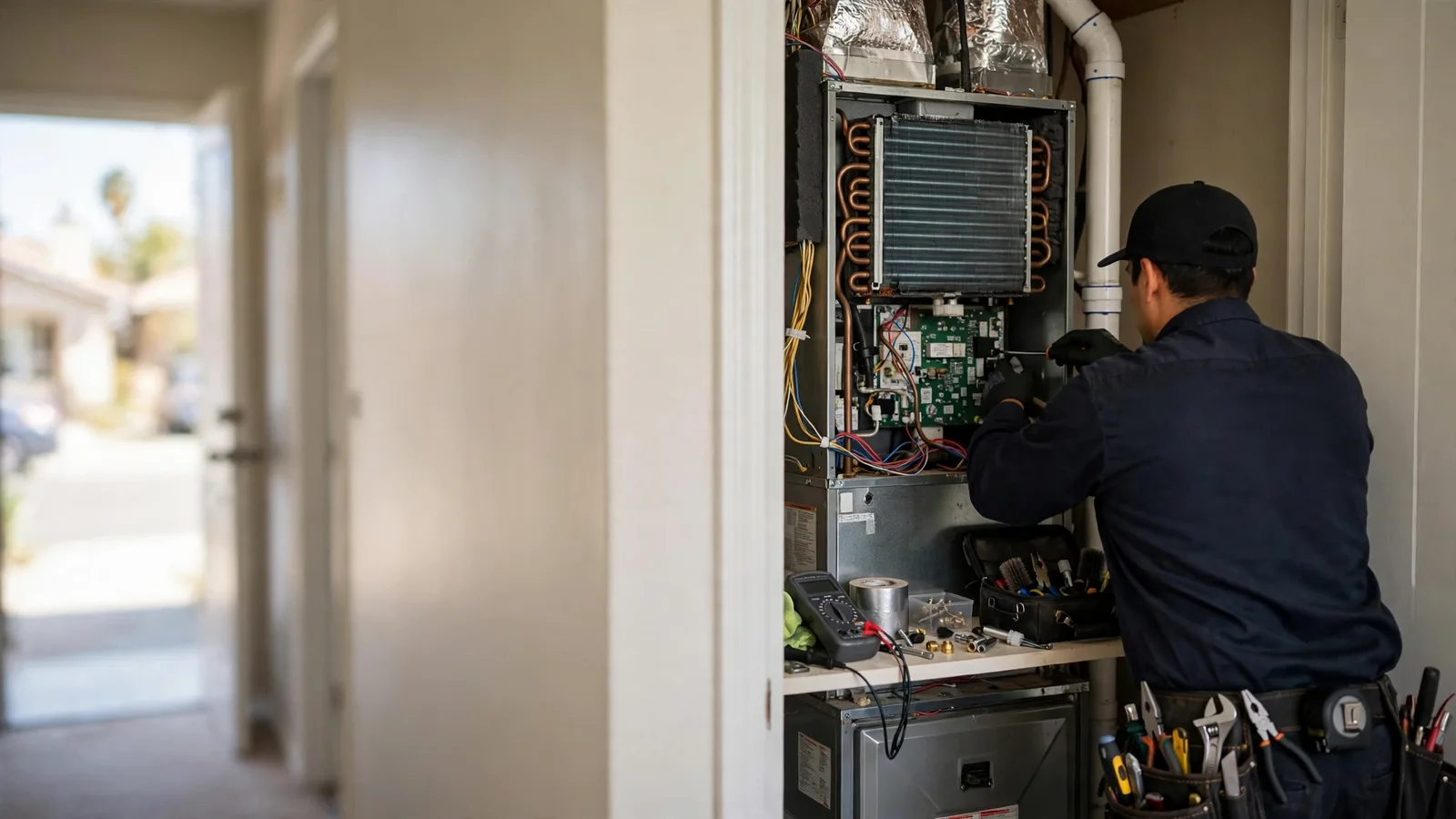 Technician servicing a furnace and AC coil in a hallway closet