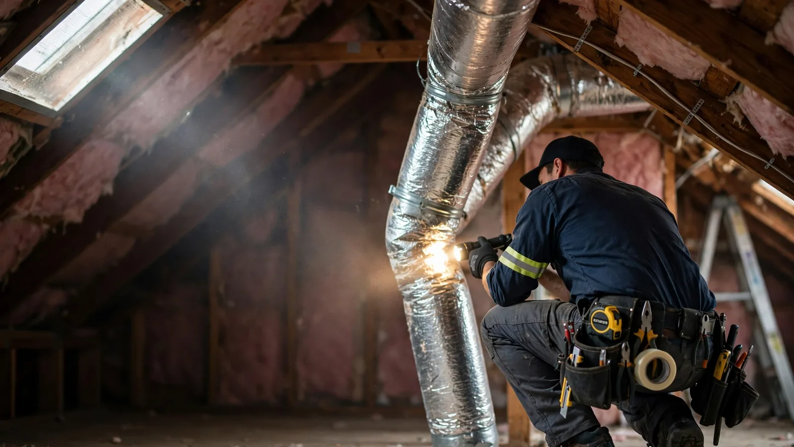 Technician inspecting flex ductwork in an attic