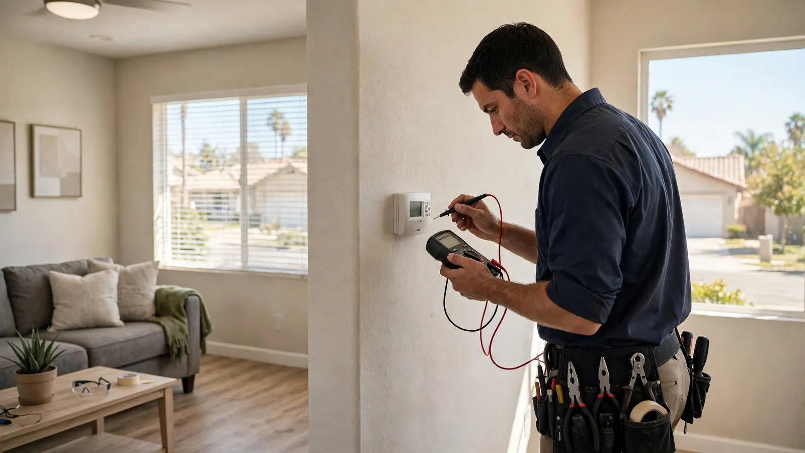 Technician testing a wall thermostat with a multimeter in a living room
